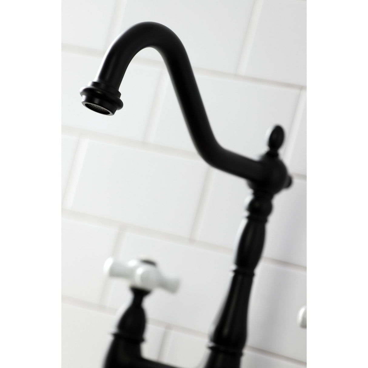 Heritage KS1270PXBS Two-Handle 4-Hole Deck Mount Bridge Kitchen Faucet with Brass Sprayer, Matte Black