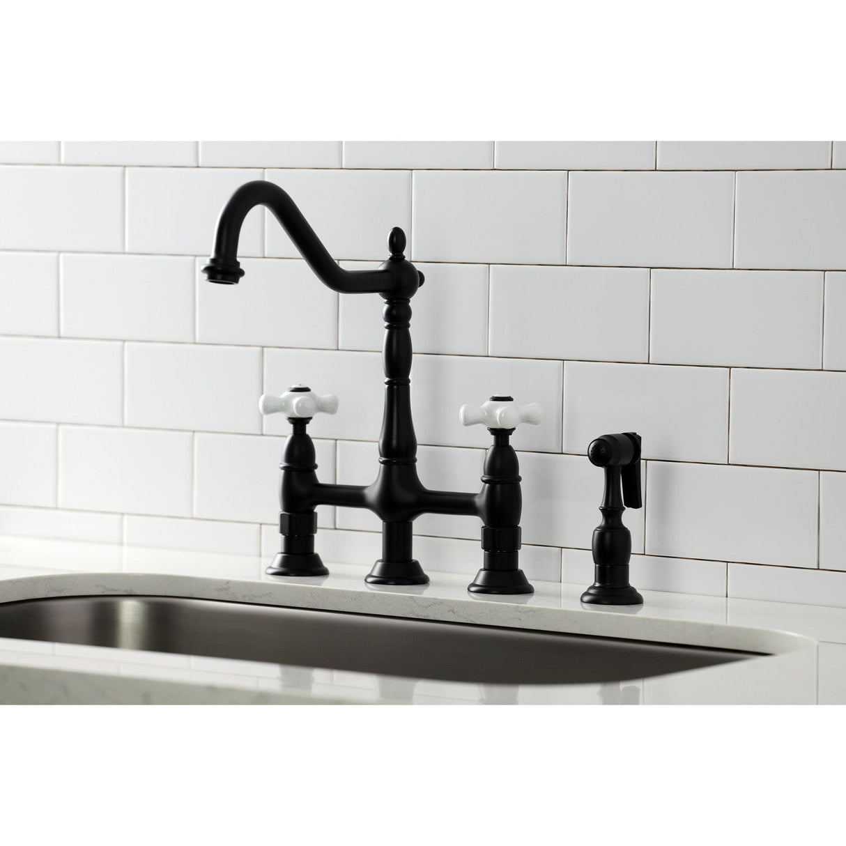 Heritage KS1270PXBS Two-Handle 4-Hole Deck Mount Bridge Kitchen Faucet with Brass Sprayer, Matte Black