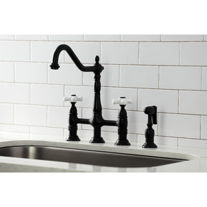 Heritage KS1270PXBS Two-Handle 4-Hole Deck Mount Bridge Kitchen Faucet with Brass Sprayer, Matte Black