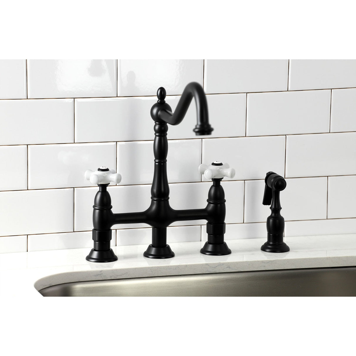 Heritage KS1270PXBS Two-Handle 4-Hole Deck Mount Bridge Kitchen Faucet with Brass Sprayer, Matte Black