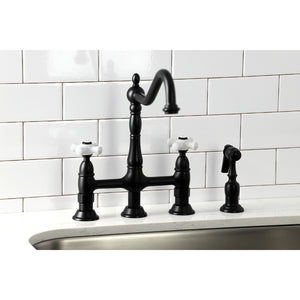 Heritage KS1270PXBS Two-Handle 4-Hole Deck Mount Bridge Kitchen Faucet with Brass Sprayer, Matte Black
