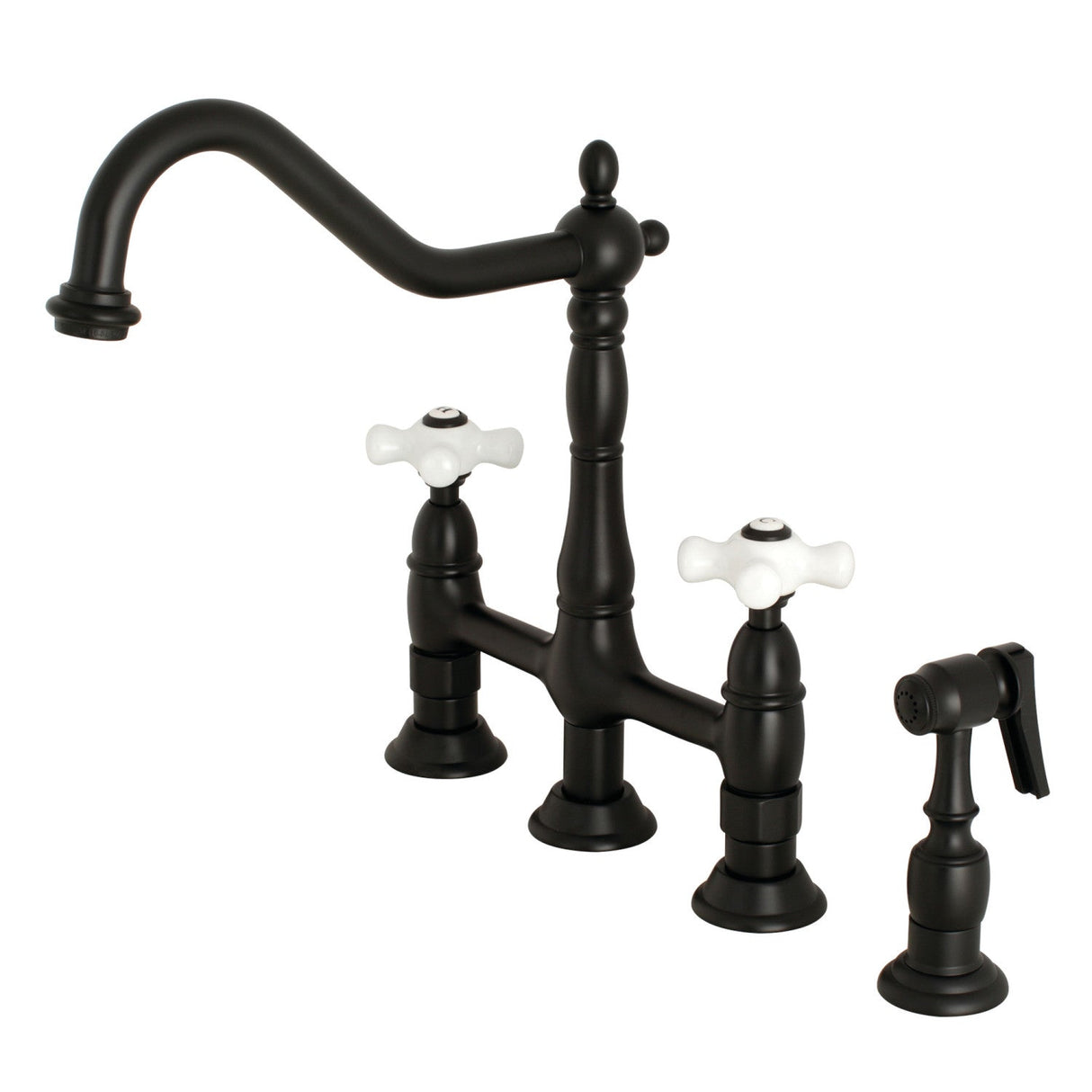Heritage KS1270PXBS Two-Handle 4-Hole Deck Mount Bridge Kitchen Faucet with Brass Sprayer, Matte Black