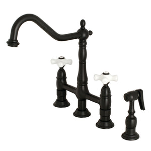Heritage KS1270PXBS Two-Handle 4-Hole Deck Mount Bridge Kitchen Faucet with Brass Sprayer, Matte Black