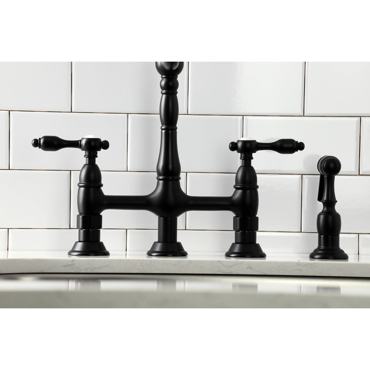 Tudor KS1270TALBS Two-Handle 4-Hole Deck Mount Bridge Kitchen Faucet with Brass Sprayer, Matte Black