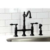 Tudor KS1270TALBS Two-Handle 4-Hole Deck Mount Bridge Kitchen Faucet with Brass Sprayer, Matte Black