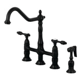 Tudor KS1270TALBS Two-Handle 4-Hole Deck Mount Bridge Kitchen Faucet with Brass Sprayer, Matte Black