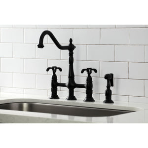 French Country KS1270TXBS Two-Handle 4-Hole Deck Mount Bridge Kitchen Faucet with Brass Sprayer, Matte Black