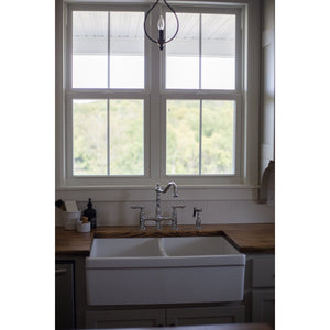 Heritage KS1271ALBS Two-Handle 4-Hole Deck Mount Bridge Kitchen Faucet with Brass Sprayer, Polished Chrome