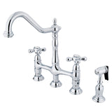 Heritage KS1271AXBS Two-Handle 4-Hole Deck Mount Bridge Kitchen Faucet with Brass Sprayer, Polished Chrome