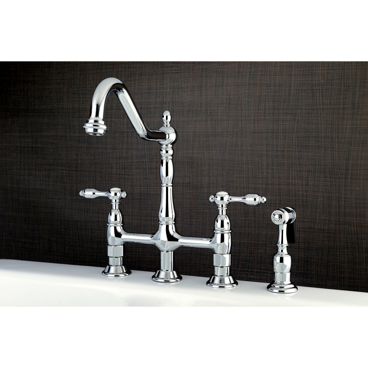 Tudor KS1271TALBS Two-Handle 4-Hole Deck Mount Bridge Kitchen Faucet with Brass Sprayer, Polished Chrome