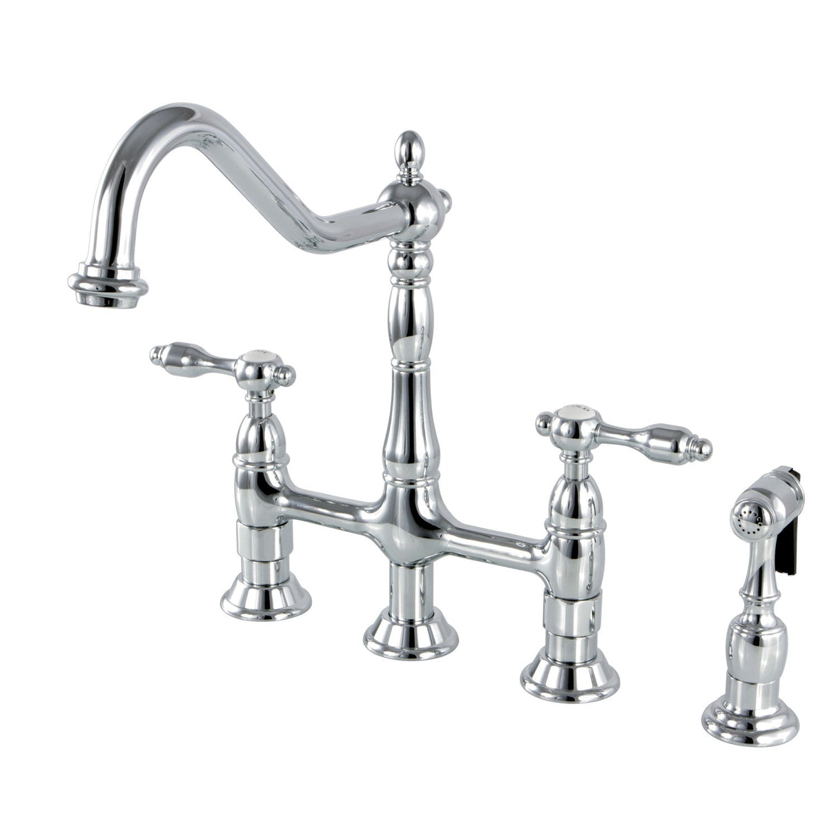 Tudor KS1271TALBS Two-Handle 4-Hole Deck Mount Bridge Kitchen Faucet with Brass Sprayer, Polished Chrome