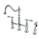 Tudor KS1271TALBS Two-Handle 4-Hole Deck Mount Bridge Kitchen Faucet with Brass Sprayer, Polished Chrome