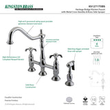 French Country KS1271TXBS Two-Handle 4-Hole Deck Mount Bridge Kitchen Faucet with Brass Sprayer, Polished Chrome