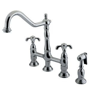 French Country KS1271TXBS Two-Handle 4-Hole Deck Mount Bridge Kitchen Faucet with Brass Sprayer, Polished Chrome