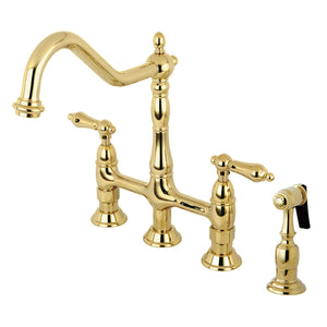 Heritage KS1272ALBS Two-Handle 4-Hole Deck Mount Bridge Kitchen Faucet with Brass Sprayer, Polished Brass