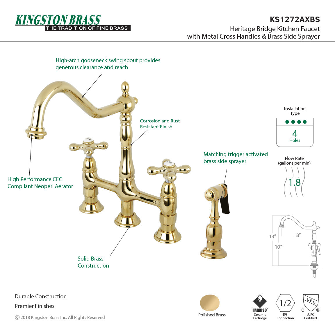Heritage KS1272AXBS Two-Handle 4-Hole Deck Mount Bridge Kitchen Faucet with Brass Sprayer, Polished Brass