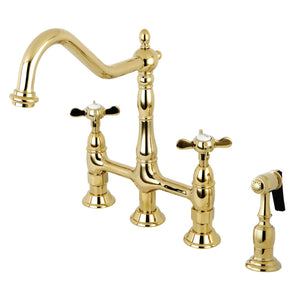 Essex KS1272BEXBS Two-Handle 4-Hole Deck Mount Bridge Kitchen Faucet with Brass Sprayer, Polished Brass