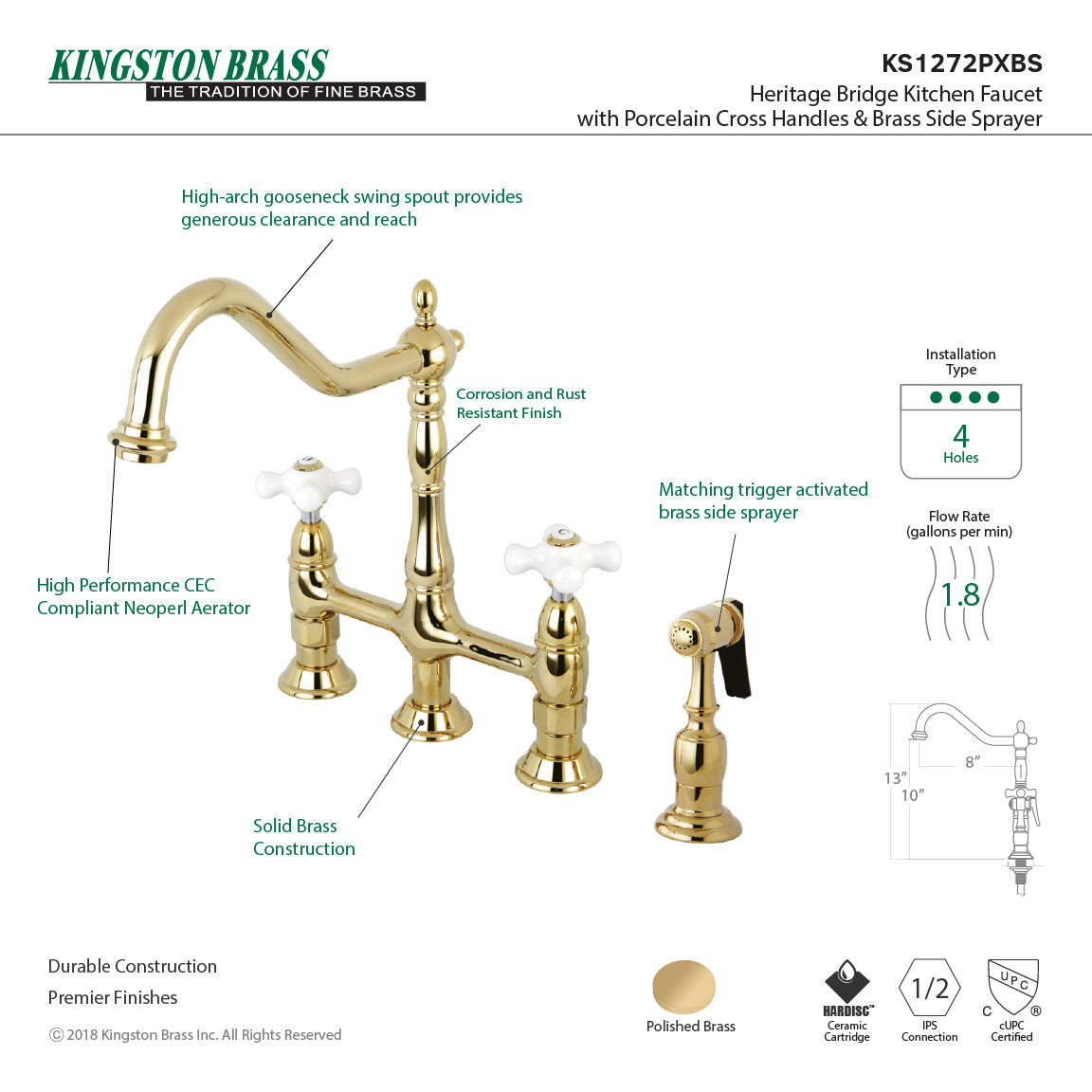 Heritage KS1272PXBS Two-Handle 4-Hole Deck Mount Bridge Kitchen Faucet with Brass Sprayer, Polished Brass