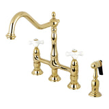 Heritage KS1272PXBS Two-Handle 4-Hole Deck Mount Bridge Kitchen Faucet with Brass Sprayer, Polished Brass