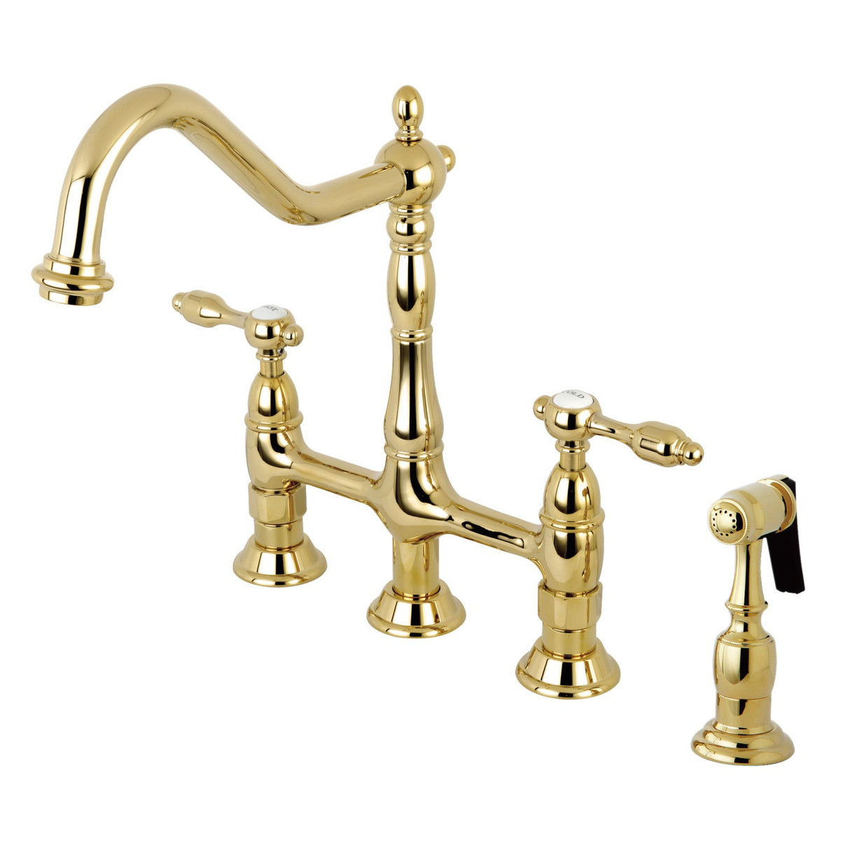 Tudor KS1272TALBS Two-Handle 4-Hole Deck Mount Bridge Kitchen Faucet with Brass Sprayer, Polished Brass