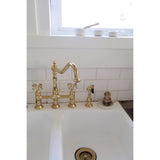 French Country KS1272TXBS Two-Handle 4-Hole Deck Mount Bridge Kitchen Faucet with Brass Sprayer, Polished Brass