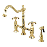 French Country KS1272TXBS Two-Handle 4-Hole Deck Mount Bridge Kitchen Faucet with Brass Sprayer, Polished Brass
