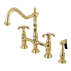 French Country KS1272TXBS Two-Handle 4-Hole Deck Mount Bridge Kitchen Faucet with Brass Sprayer, Polished Brass