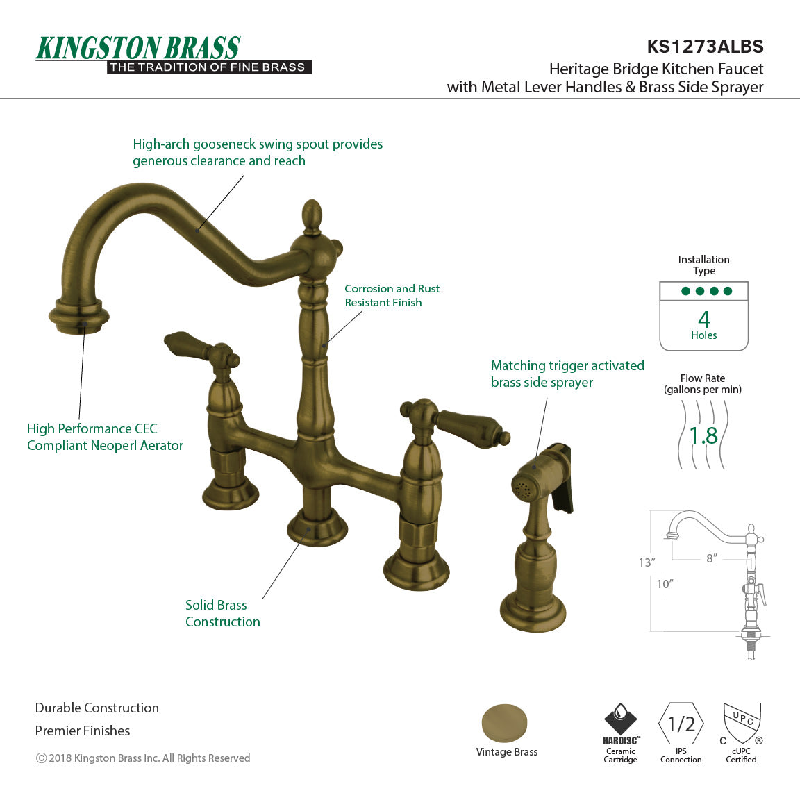 Heritage KS1273ALBS Two-Handle 4-Hole Deck Mount Bridge Kitchen Faucet with Brass Sprayer, Antique Brass