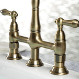 Heritage KS1273ALBS Two-Handle 4-Hole Deck Mount Bridge Kitchen Faucet with Brass Sprayer, Antique Brass