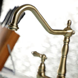 Heritage KS1273ALBS Two-Handle 4-Hole Deck Mount Bridge Kitchen Faucet with Brass Sprayer, Antique Brass