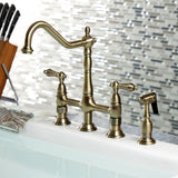 Heritage KS1273ALBS Two-Handle 4-Hole Deck Mount Bridge Kitchen Faucet with Brass Sprayer, Antique Brass