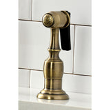 Heritage KS1273ALBS Two-Handle 4-Hole Deck Mount Bridge Kitchen Faucet with Brass Sprayer, Antique Brass