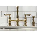 Heritage KS1273ALBS Two-Handle 4-Hole Deck Mount Bridge Kitchen Faucet with Brass Sprayer, Antique Brass