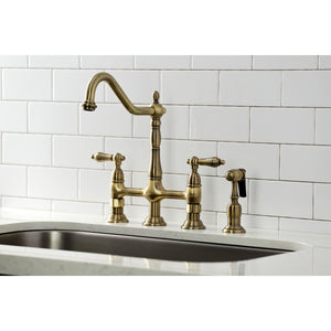 Heritage KS1273ALBS Two-Handle 4-Hole Deck Mount Bridge Kitchen Faucet with Brass Sprayer, Antique Brass