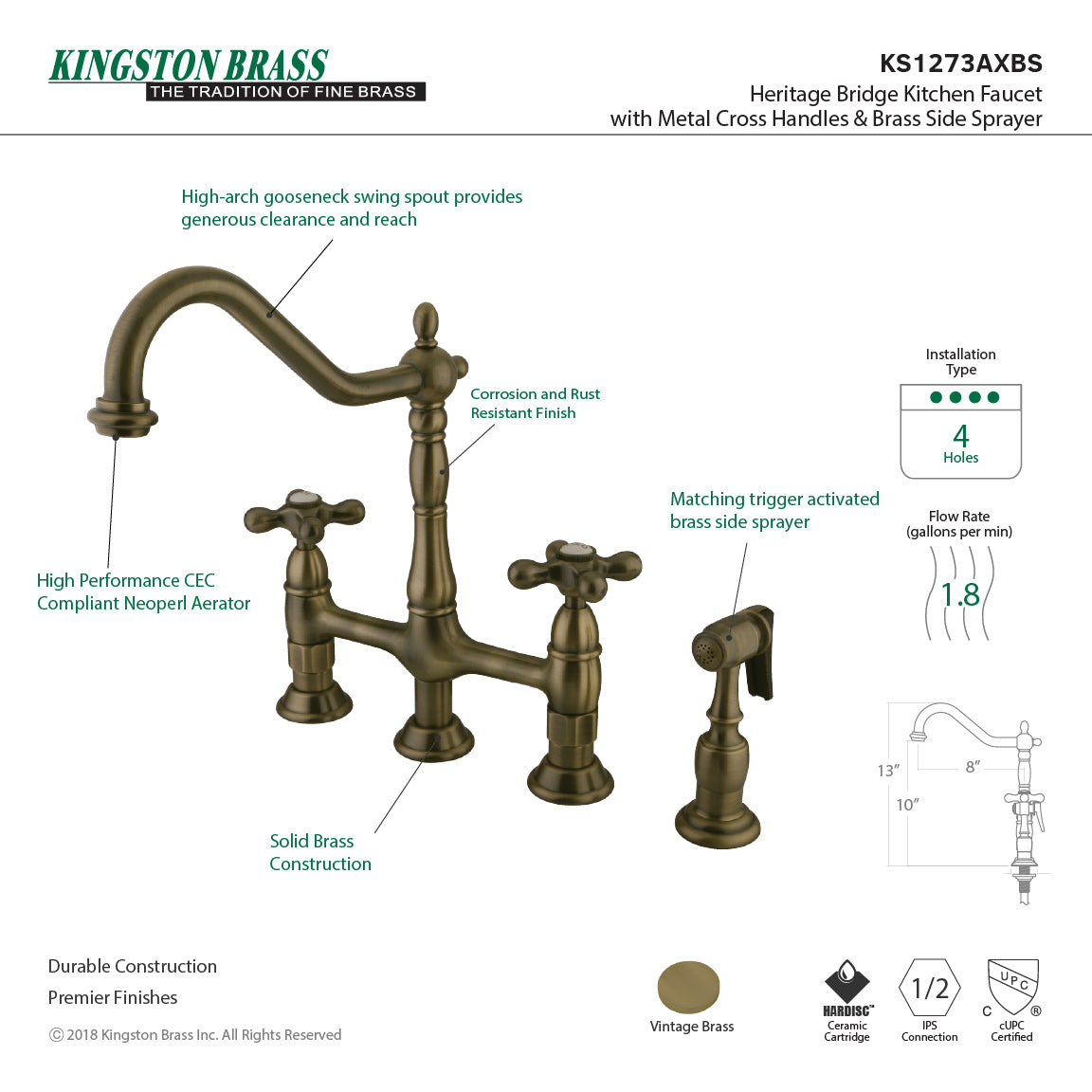 Heritage KS1273AXBS Two-Handle 4-Hole Deck Mount Bridge Kitchen Faucet with Brass Sprayer, Antique Brass