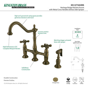 Heritage KS1273AXBS Two-Handle 4-Hole Deck Mount Bridge Kitchen Faucet with Brass Sprayer, Antique Brass