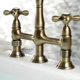 Heritage KS1273AXBS Two-Handle 4-Hole Deck Mount Bridge Kitchen Faucet with Brass Sprayer, Antique Brass