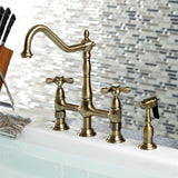 Heritage KS1273AXBS Two-Handle 4-Hole Deck Mount Bridge Kitchen Faucet with Brass Sprayer, Antique Brass