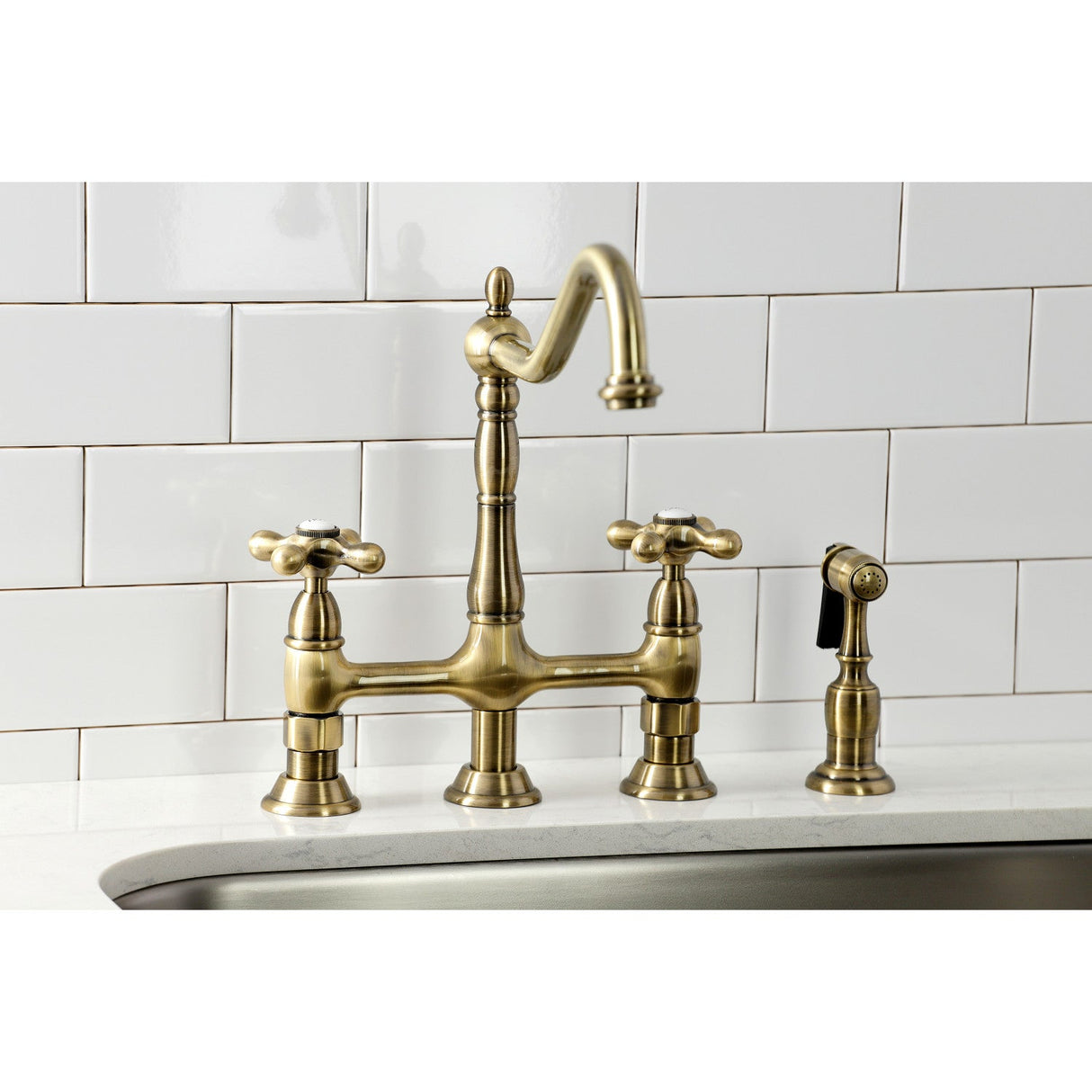 Heritage KS1273AXBS Two-Handle 4-Hole Deck Mount Bridge Kitchen Faucet with Brass Sprayer, Antique Brass
