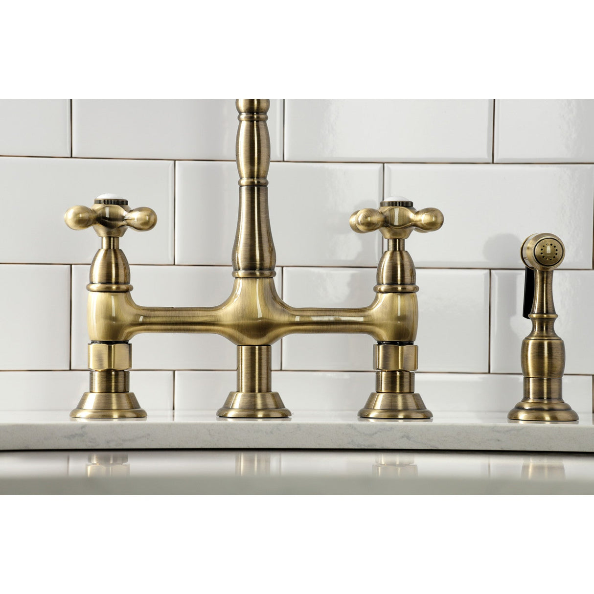 Heritage KS1273AXBS Two-Handle 4-Hole Deck Mount Bridge Kitchen Faucet with Brass Sprayer, Antique Brass