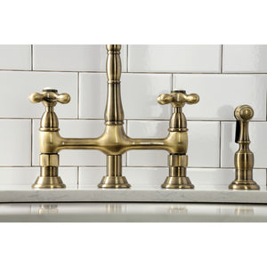 Heritage KS1273AXBS Two-Handle 4-Hole Deck Mount Bridge Kitchen Faucet with Brass Sprayer, Antique Brass