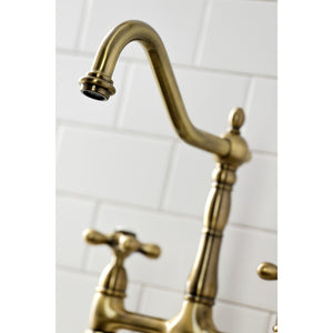 Heritage KS1273AXBS Two-Handle 4-Hole Deck Mount Bridge Kitchen Faucet with Brass Sprayer, Antique Brass