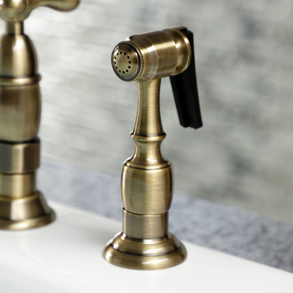 Heritage KS1273AXBS Two-Handle 4-Hole Deck Mount Bridge Kitchen Faucet with Brass Sprayer, Antique Brass