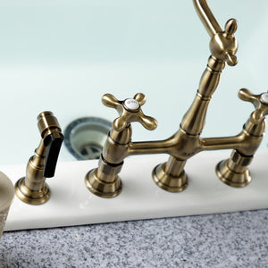 Heritage KS1273AXBS Two-Handle 4-Hole Deck Mount Bridge Kitchen Faucet with Brass Sprayer, Antique Brass
