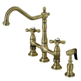 Heritage KS1273AXBS Two-Handle 4-Hole Deck Mount Bridge Kitchen Faucet with Brass Sprayer, Antique Brass