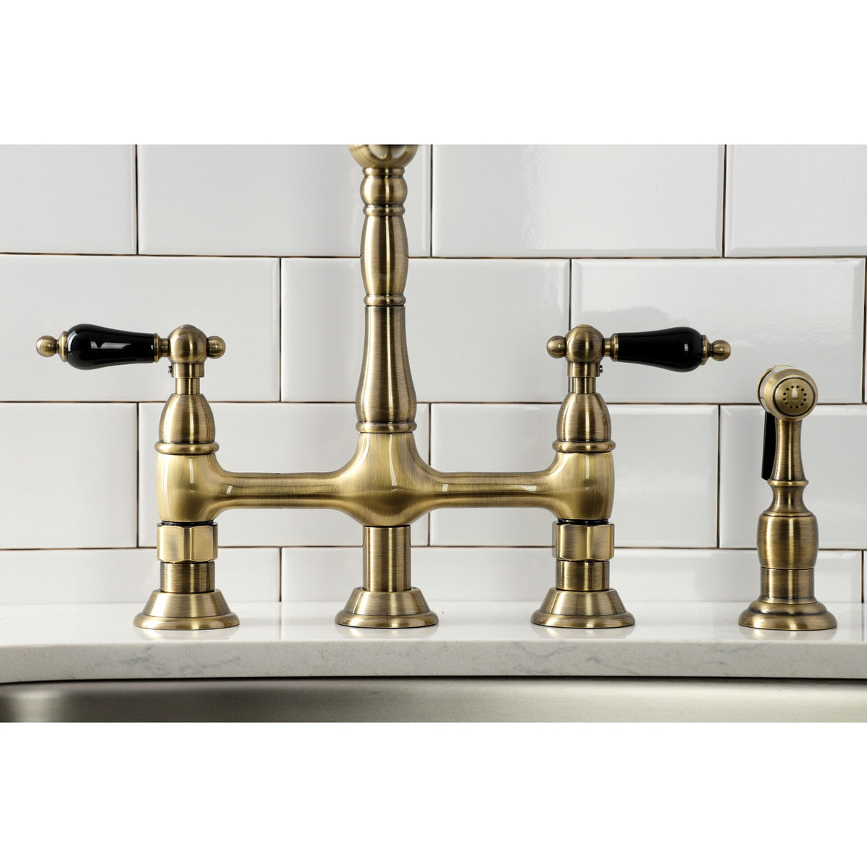 Duchess KS1273PKLBS Two-Handle 4-Hole Deck Mount Bridge Kitchen Faucet with Brass Sprayer, Antique Brass