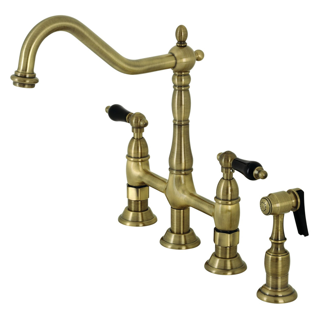 Duchess KS1273PKLBS Two-Handle 4-Hole Deck Mount Bridge Kitchen Faucet with Brass Sprayer, Antique Brass