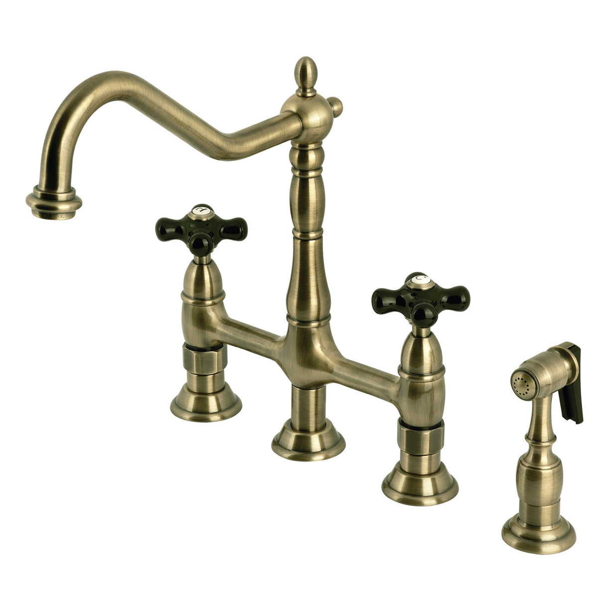 Duchess KS1273PKXBS Two-Handle 4-Hole Deck Mount Bridge Kitchen Faucet with Brass Sprayer, Antique Brass