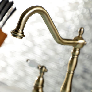 Heritage KS1273PLBS Two-Handle 4-Hole Deck Mount Bridge Kitchen Faucet with Brass Sprayer, Antique Brass
