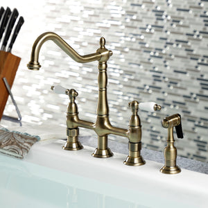 Heritage KS1273PLBS Two-Handle 4-Hole Deck Mount Bridge Kitchen Faucet with Brass Sprayer, Antique Brass